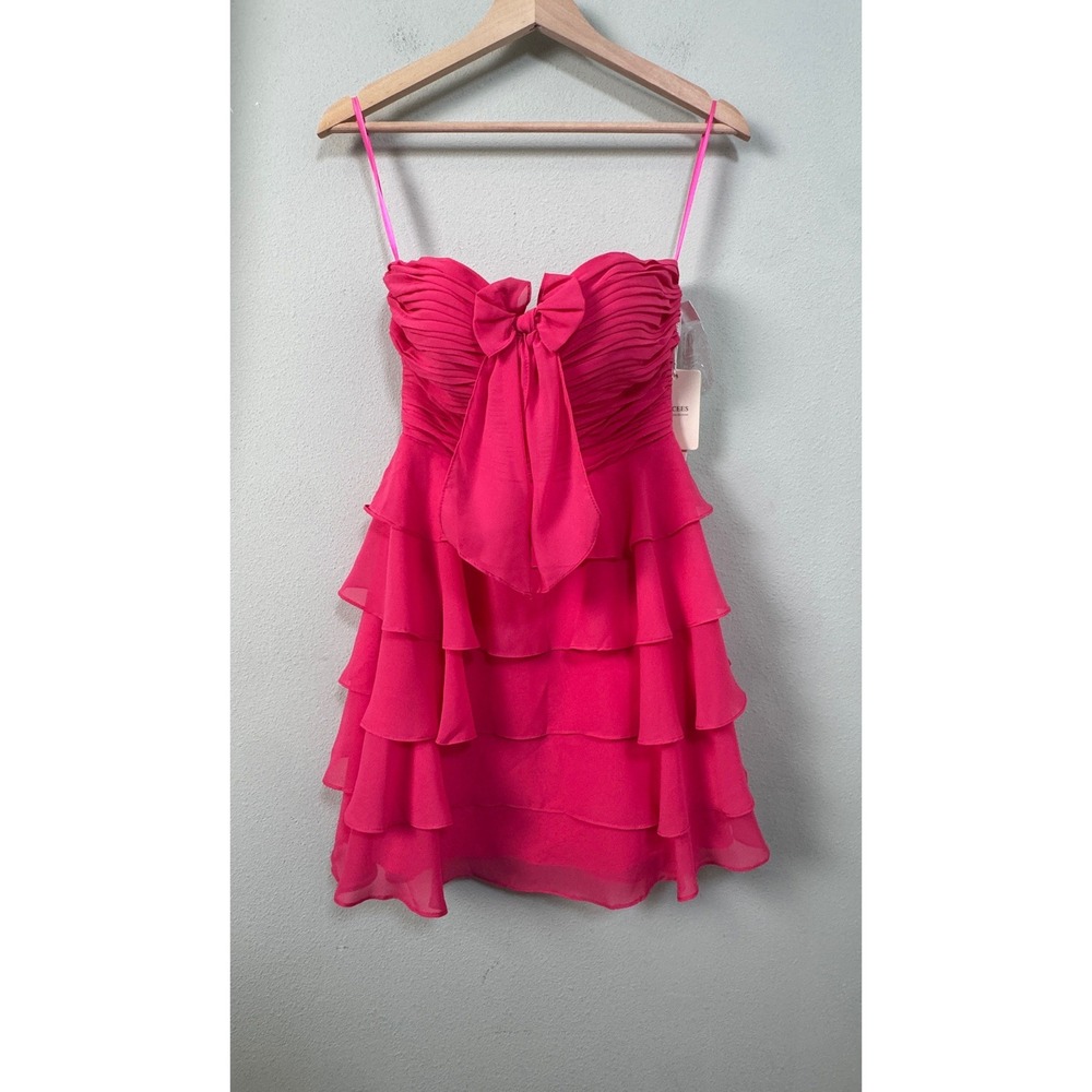 Stacees A-line Ruched Strapless Chiffon Ruffled Homecoming Dress Bow Hot Pink 0